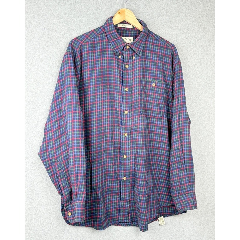 Orvis Plaid Flannel Shirt Mens Large Blue Red Green Button Front 100% Cotton